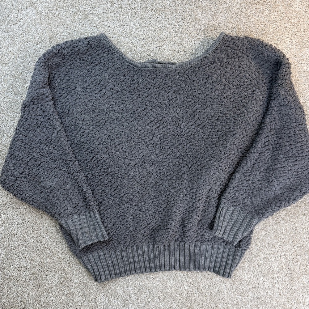 Entro Sweater Womens L Gray Chunky Knit Wrap Back Tie Scoop Neck Dolman Sleeve